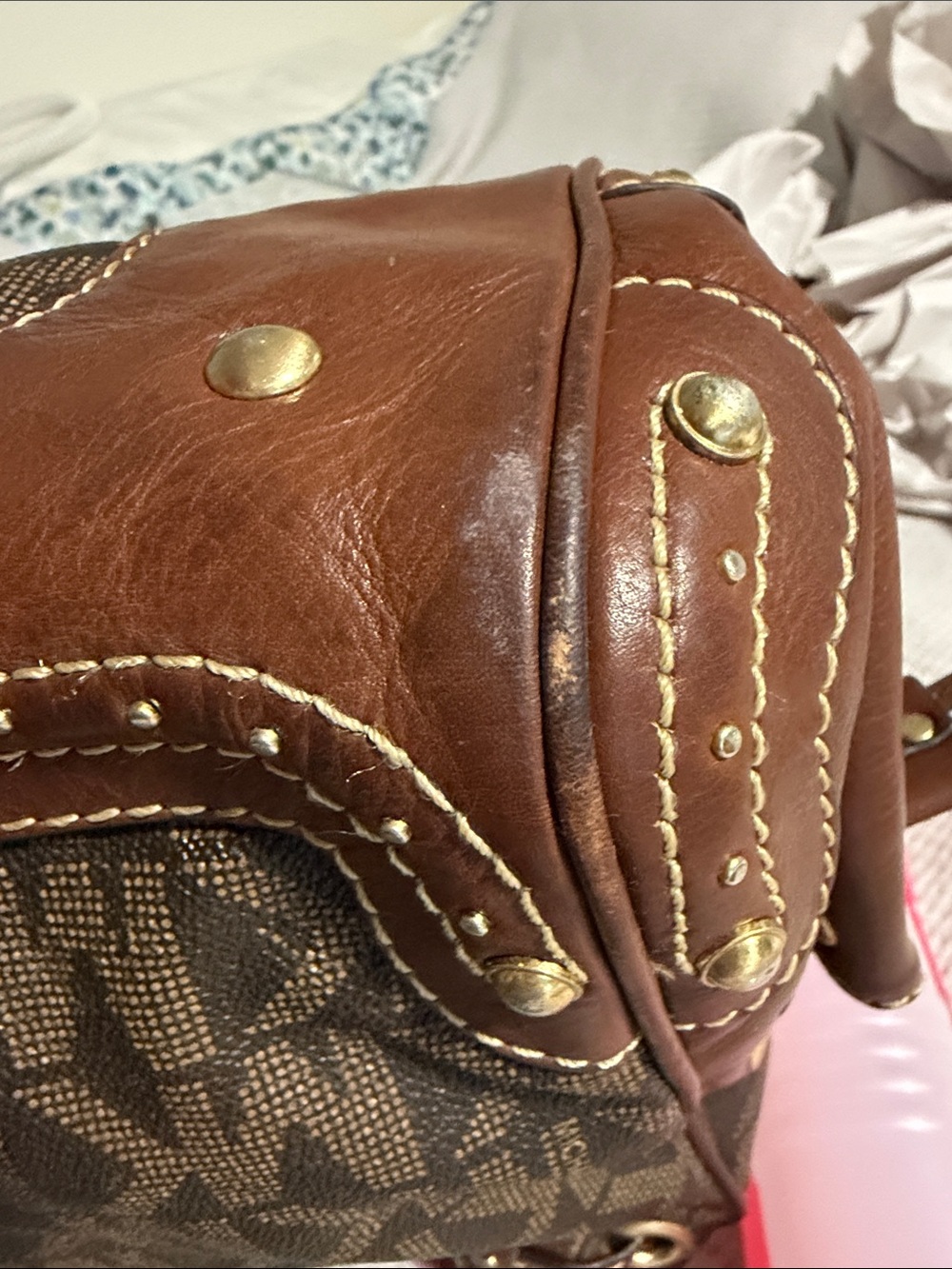 Michael Kors Brown MK Logo Drawstring Tote with Leather Trim - Picture 7 of 12